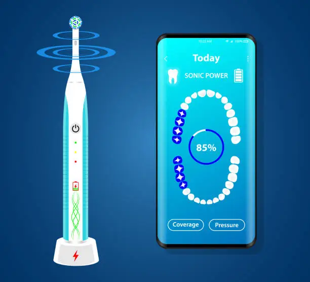 Vector illustration of Electric toothbrush Illustration with vibrant brush and mobile dental app on the screen of phone set of toothbrushes, removable nozzles for hygiene product. Dentist equipment