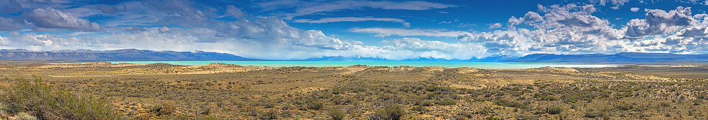 Panoramic view over argentine steppe near Lago Argentino during the day in the summer time