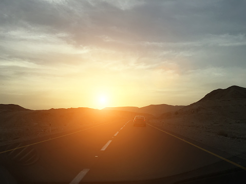 Desert road trip sunset