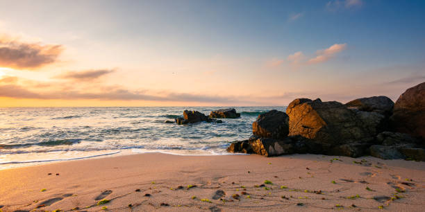 istock huge stones on the sandy beach at sunrise 1335890925