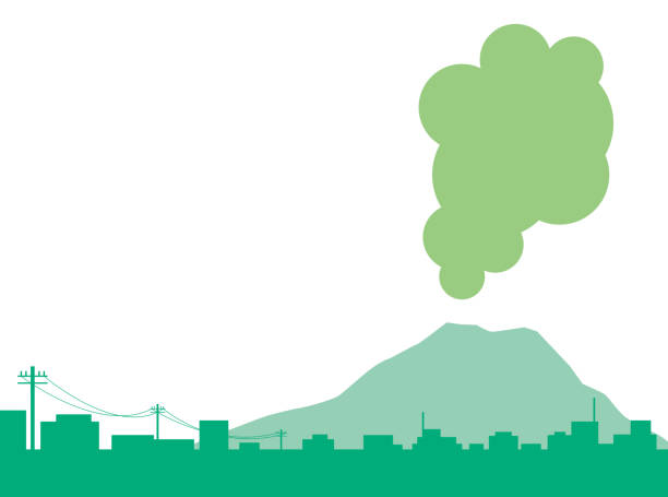 Illustration of a green city and a volcano Illustration of a green city and a volcano electricity silhouettes stock illustrations
