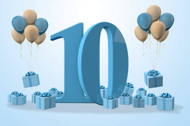 istock Number 10 birthday celebration blue gift box, yellow and blue balloons, 3D Render 1335892926