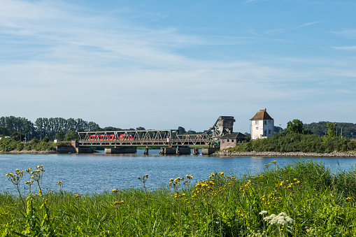 Combined road and railway drawbridge across Schlei inlet at Lindaunis, Schleswig-Holstein, Germany