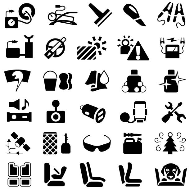 Car Accessories and Maintenance Products Icons Single Color Isolated icons of car accessory products jumper cable stock illustrations