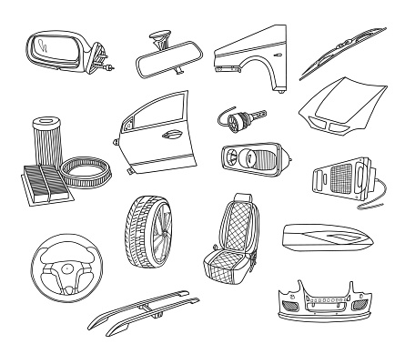 Car Parts Doodle Set. Vector illustration.