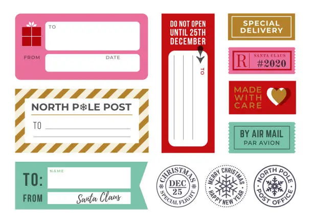 Vector illustration of Christmas Gift Tags, Sticky Labels and Mailing Rubber Stamps.