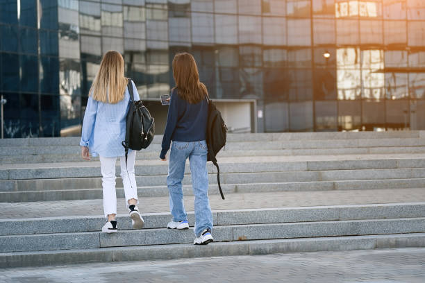 istock Back view of two students walking and talking in a university campus 1335899415