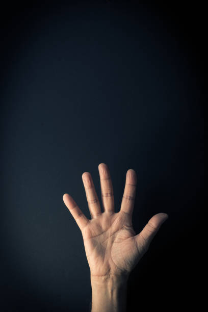 istock Colour image of hand demonstrating sign language number five with background and empty copy space 1335900299