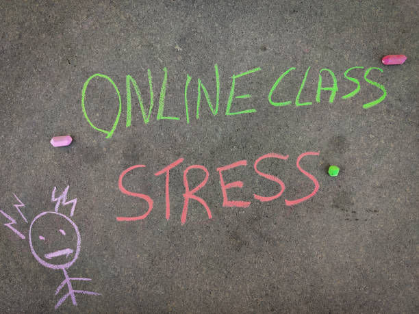 istock The inscription text on the grey board, Online class stress with hand drawn stress emoji. Using color chalk pieces. 1335900906