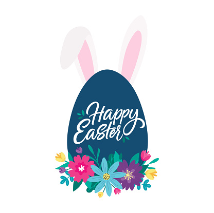 Happy Easter vector illustration with bunny ears, egg and flowers. Holiday concept with decorative elements in cartoon style. Easter greeting card with lettering decorated with flowers in flat style.