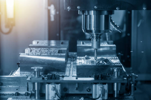 The CNC milling machine rough cutting the injection mold parts by indexable  endmill tools.