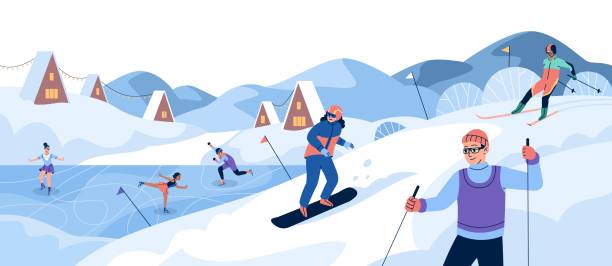 ilustrações de stock, clip art, desenhos animados e ícones de winter sport. people ski and snowboard on snow slope, athletes in sportswear train at rink, people on ice active poses figure skating, village landscape. vector concept - snowboarding snowboard skiing ski