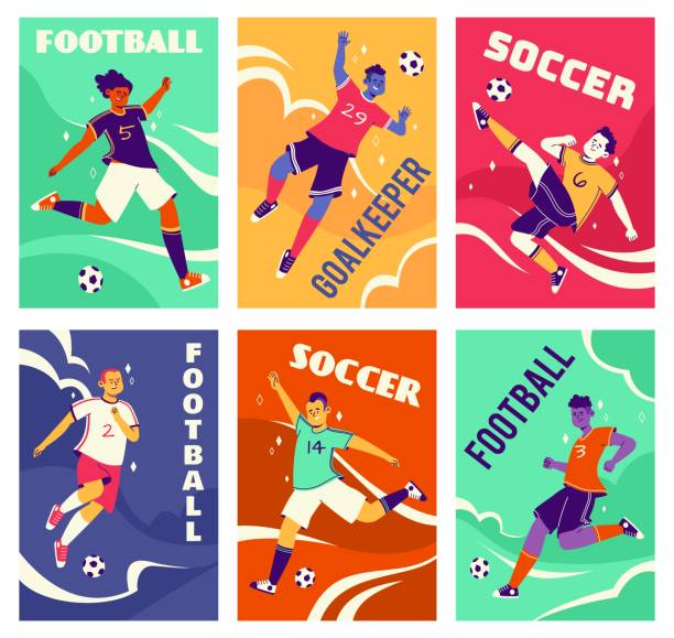 ilustrações de stock, clip art, desenhos animados e ícones de soccer players cards. footballers in different dynamic poses, leading and hitting ball, athletes in playing process and text, team sport game. bright colors posters, vector cartoon set - futebol ilustrações