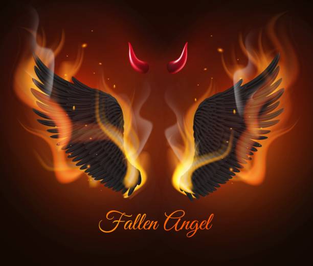 istock Realistic burning wings. Black feathers demon wings, red devil horns in flame, gothic birds flying part, dark fallen angel, spooky halloween decorative poster vector isolated concept 1335901880