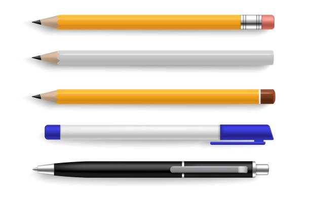 ペンと鉛筆。書き込みと描画のための現実的な文房具ツール。上に影を付けられた黄色と白のオブジェクトは、マーケティングのブランド化テンプレートを表示します。企業 id ベクター分離 - 鉛筆点のイラスト素材／クリップアート素材／マンガ素材／アイコン素材
