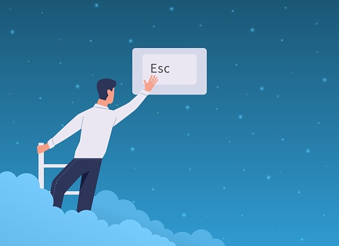 Escape, exit. Cartoon man presses on Esc keyboard interface button. Male character climbs staircase in cloudy sky and leaves web page. Close computer electronic software with keypad. Vector concept