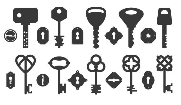 schlüssel- und schlüssellochsilhouetten. lochschlösser und schlüssel schwarze symbole, antike oder moderne formen, sicherheitstür, vintage und elegante schilder. design- und dekorelemente. vektorisolierte menge - silhouette security elegance simplicity stock-grafiken, -clipart, -cartoons und -symbole