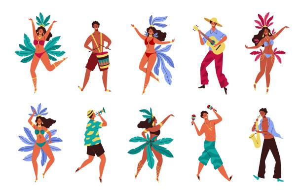 Brazil Carnival. Rio de janeiro samba festival. Women and men in colorful costumes with feathers and leaves. Cartoon people dance and play music. Vector cute Brazilian holiday dancers set Brazil Carnival. Rio de janeiro samba festival. Happy women and men in colorful costumes with feathers and leaves. Cartoon young people dance and play music. Vector cute Brazilian holiday dancers set carnival celebration event stock illustrations