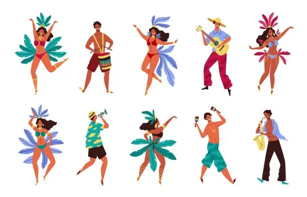 Vector illustration of Brazil Carnival. Rio de janeiro samba festival. Women and men in colorful costumes with feathers and leaves. Cartoon people dance and play music. Vector cute Brazilian holiday dancers set