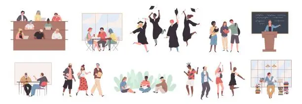 Vector illustration of Student life. Young people activities. Guys and girls study at lectures or seminars at university. College learner group. Classmates relax and celebrate graduation. Vector scenes set