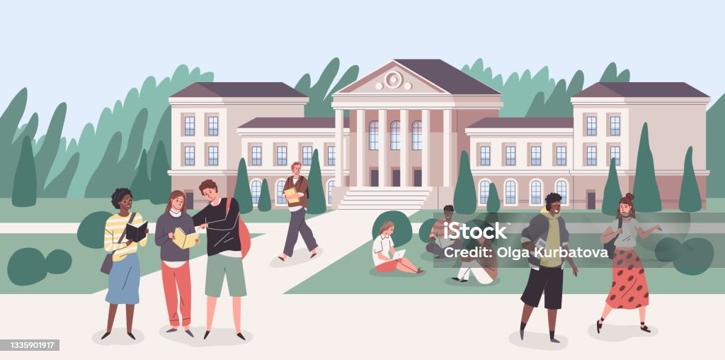 University Park Young People Groups Walking With Books In Student Campus  Cartoon Cityscape With College Building Happy Guys And Girls Study And  Communicate In Yard Vector Concept Stock Illustration - Download Image