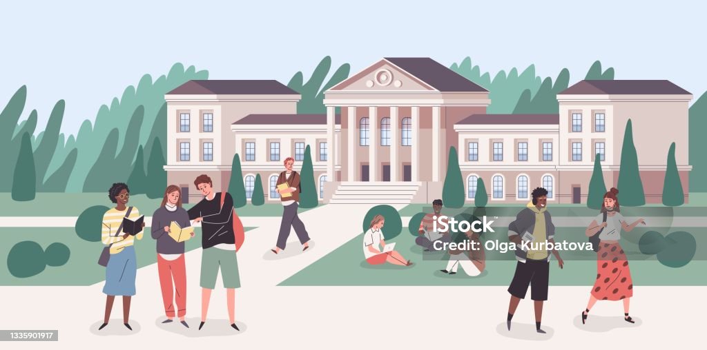 University Park Young People Groups Walking With Books In Student Campus Cartoon Cityscape With College Building Happy Guys And Girls Study And Communicate In Yard Vector Concept Stock Illustration - Download Image University Park Young People Groups Walking With Books In Student Campus Cartoon Cityscape With College Building Happy Guys And Girls Study And Communicate In Yard Vector Concept Stock Illustration - Download Image