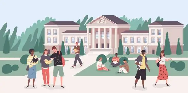 Vector illustration of University park. Young people groups walking with books in student campus. Cartoon cityscape with college building. Happy guys and girls study and communicate in yard. Vector concept