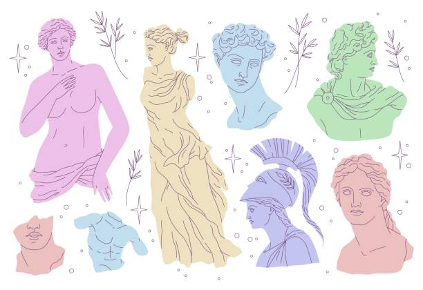 Antique statues. Modern draw style, beautiful historical greek sculptures, ancient art objects, heads, busts, marble monuments, different pastel colors. Decor elements vector isolated set Antique statues. Modern draw style, beautiful historical greek sculptures, ancient art objects, heads, busts, marble monuments collection. Different pastel colors. Decor elements vector isolated set greece illustrations stock illustrations
