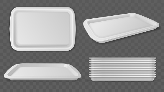 Food trays. Realistic plastic white salvers. Blank rectangular dinner container mockup. Top view on kitchenware with different camera angles. Isolated platter stack. Vector restaurant serving ware set