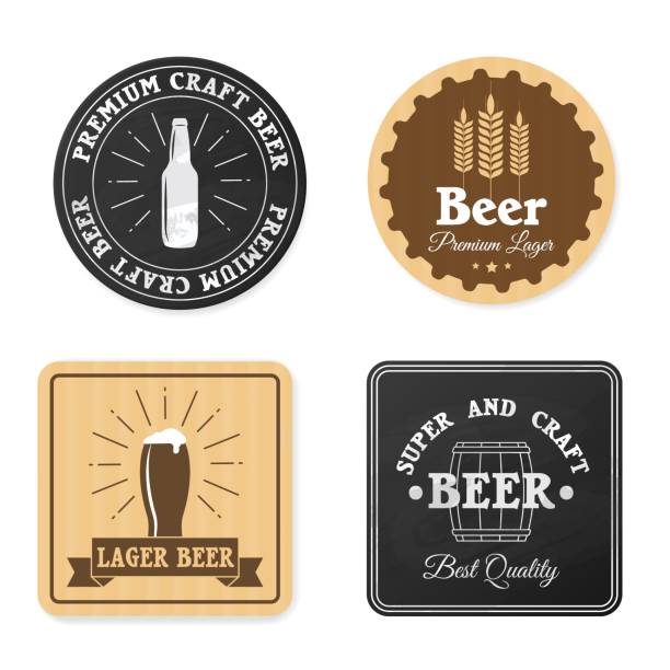 ilustraciones, imágenes clip art, dibujos animados e iconos de stock de diseño de montaña rusa de cerveza. posavasos de cerveza cuadrados y redondos, alfombras de bebidas de etiquetas de pub, pegatinas de cervecería de estilo hipster, letreros de bebidas alcohólicas. productos artesanales premium. conjunto aislado vectoria - coaster