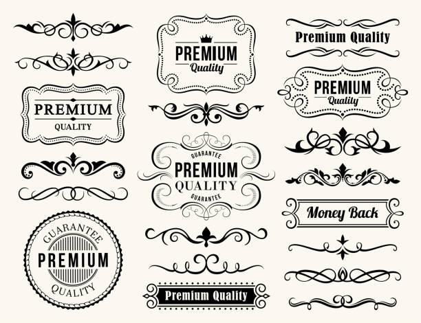 ilustraciones, imágenes clip art, dibujos animados e iconos de stock de elementos decorativos ornamentados e insignias - scroll shape vector decoration swirl