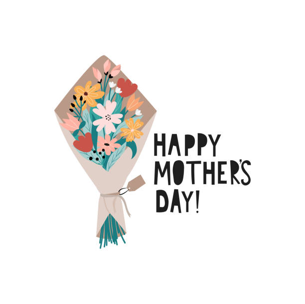 ilustrações de stock, clip art, desenhos animados e ícones de happy mother's day greeting card with flowers. trendy flat style bouquet with lettering isolated on white background for cards, invitations, prints or posters. vector illustration for the holiday - flower bouquet