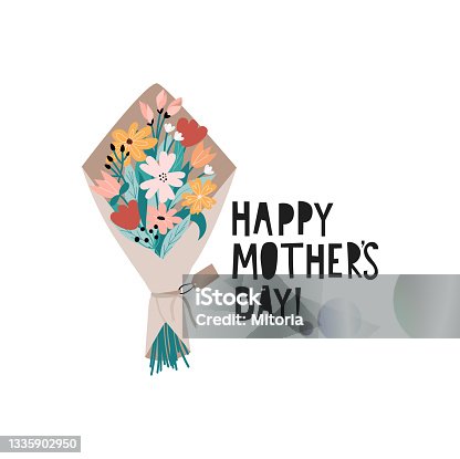 istock Happy Mother's day greeting card with flowers. Trendy flat style bouquet with lettering isolated on white background for cards, invitations, prints or posters. Vector illustration for the holiday 1335902950