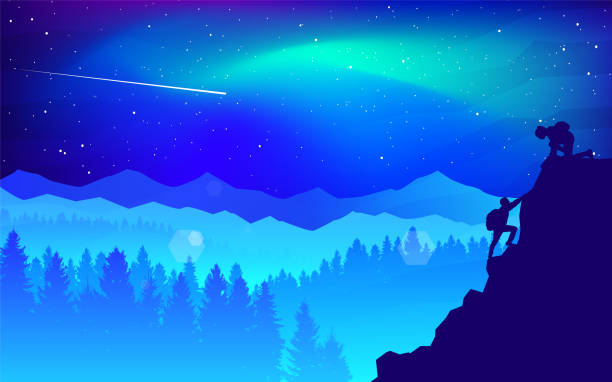 istock Northern Lights, Aurora in the Arctic, Night boreal. Travel concept of discovering, exploring, observing nature. Hiking tourism. Adventure. Minimalist graphic flyers. Polygonal flat illustration 1335904459