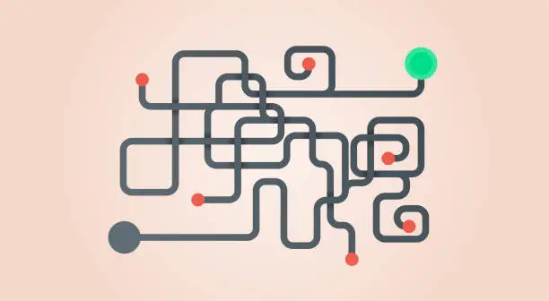 Vector illustration of My way. Career labyrinth. Chaos line. Falls and mistakes in work maze. Personal direction right and wrong  solutions. From A to B complicate path. Find successful direction. Vector illustration.