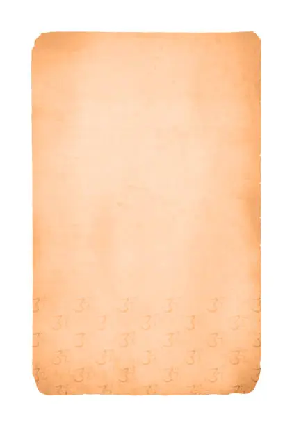 Vector illustration of A vertical vector illustration of beige colored old frayed paper torn and weathered from the edges and smudged scratched marks all over with a repeated pattern of Hindu Om symbol