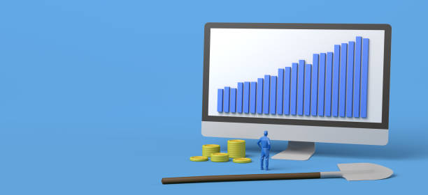 istock Computer with coins, monetary growth chart and shovel to mine bitcoin on blockchain. Concept of online financial investment and monetary growth in the stock market. 3D illustration. Copy space. 1335910204