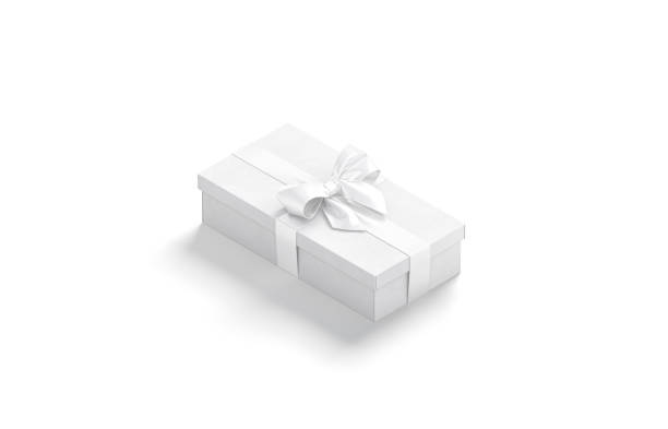 istock Blank white gift box with ribbon bow mockup, side view 1335910324