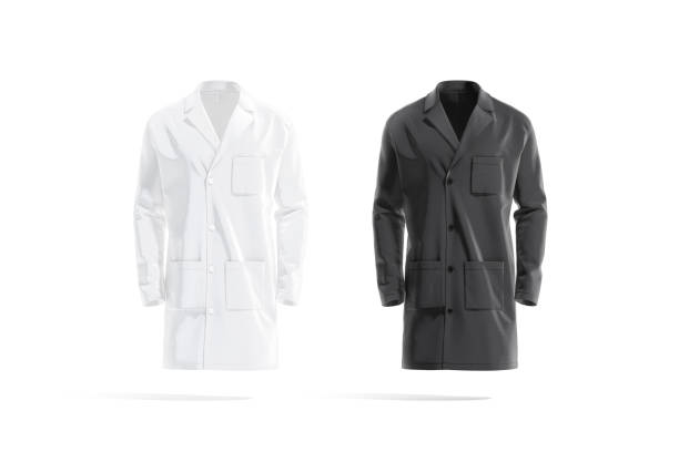 istock Blank black and white medical lab coat mockup, front view 1335910565