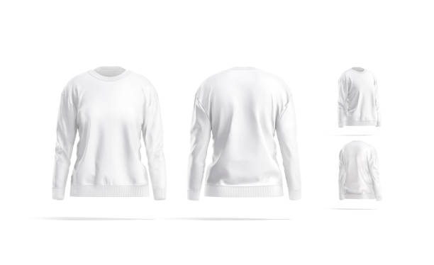 Blank white women sweatshirt mockup, different views Blank white women sweatshirt mockup, different views, 3d rendering. Empty female crewneck sweat-shirt mock up, isolated. Clear cotton long jumper for casual or street outfit template. round neckline stock pictures, royalty-free photos & images