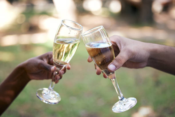 istock Shot of a young couple making a toast while out on a date 1335914385