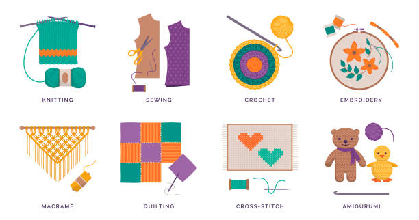 크리에이티브 바느질 및 바느질 취미 - sewing item decoration craft doily stock illustrations