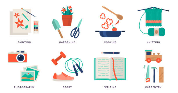 kreativní hobby nápady a rekreační aktivity - cvičební vybavení fotky stock ilustrace