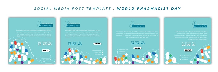 Set of social media post template with drugs background design. World Pharmacist Day design. Good template for online advertisement design.