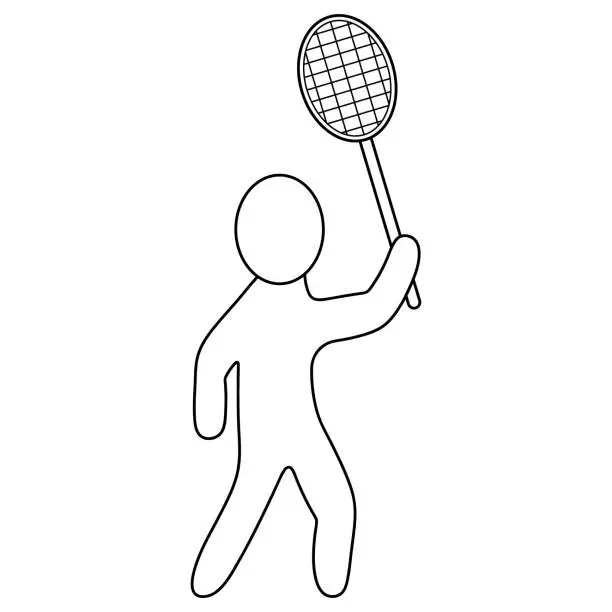 Vector illustration of Badminton. The player is holding a racket in his hands, preparing to hit the shuttlecock. Sketch. Vector icon. The man is playing a sports game. Isolated white background.
