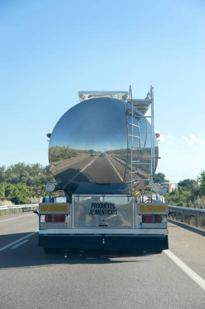 tanker truck dedicated to the transport of food products - semi skimmed milk imagens e fotografias de stock