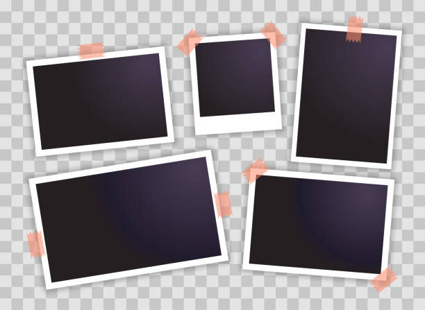 Polaroid photo frames Polaroid photo frames. Photos fixed on tape. Mockups isolated on a transparent background. Realistic contemporary empty templates. Design elements for social networks, posters and website hanging photos stock illustrations