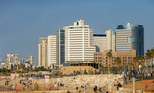 Jaffa, Israel - Dec 16, 2017: Panorama of tall buildings in Tel Aviv from Jaffa, Israel