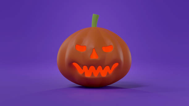 istock scary face Halloween pumpkin with light illuminated or jack o lantern on purple background 1335925721