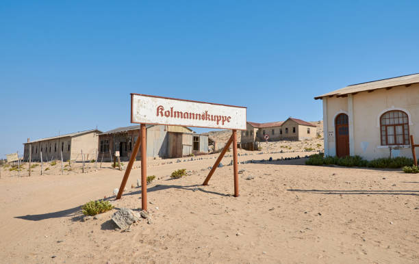 Town sign of Kolmannskuppe (Kolmanskop) abandoned ghost town in Namib desert Town sign of Kolmannskuppe (Kolmanskop) ghost town with abandoned buildings, Namib desert, Namibia, Africa. kolmanskop namibia stock pictures, royalty-free photos & images